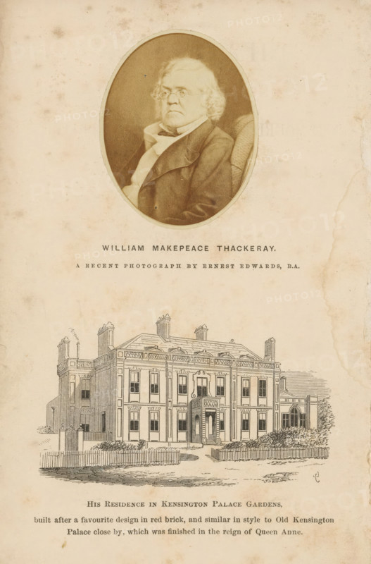 Portrait of William Makepeace Thackeray, William Makepeace Thackeray, photograph, page, photographer: Ernest Edwards, London, c. 1863, paper, albumen print, height 60 mm x width 47 mm, Photo opposite title page., Person, portrait of a writer, An aged portrait of an older man with wavy light hair and sideburns seated in an oval frame at the top center, wearing a dark coat and light cravat and small round glasses, with a neutral facial expression; below the portrait is an engraved illustration of a large two-story classical house with multiple tall windows, decorative roofline, chimneys, a central doorway with a small balcony above, surrounding fencing and some shrubs, all set against a stained, cream-colored paper background.