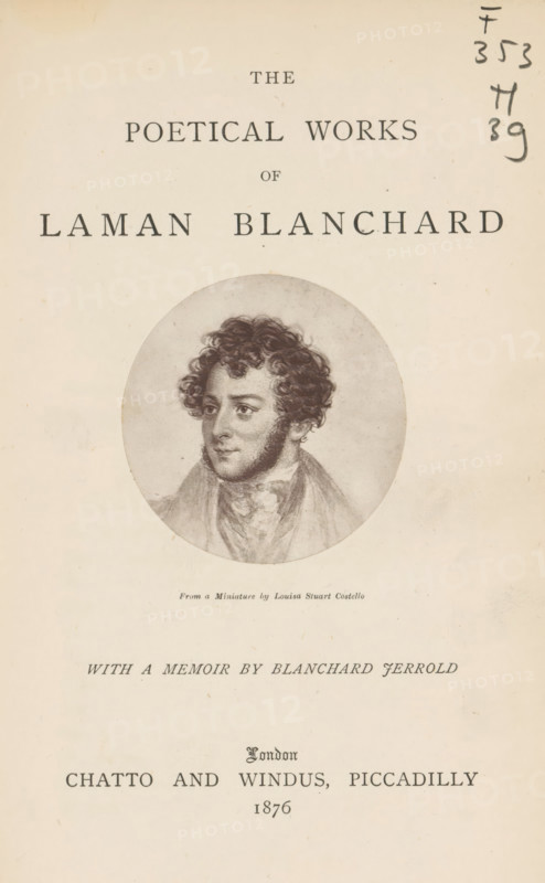 Photo reproduction of a drawing, depicting a portrait of Samuel Laman Blanchard, reproduction, page, photomechanical print, cliché maker: anonymous, after painting by Louisa Stuart Costello, c. 1871 - in or before 1876, photographer, paper, Woodburytype, Woodburytypie, height 198 mm x width 128 mm, Print on title page., Person, Samuel Laman Blanchard, portrait of a writer, A vertically oriented aged paper page with a centered circular portrait of a curly-haired man shown from the shoulders up, rendered in a detailed monochrome sketch style; the man has sideburns and is wearing a high-collared garment and a loosely tied scarf, and the portrait sits amidst ample blank margins with a small handwritten mark in darker ink near the top right edge.