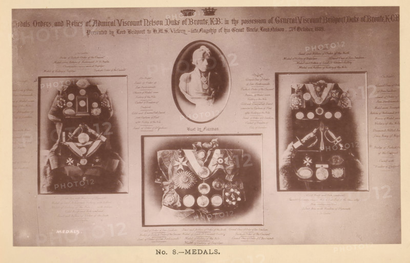 Medals, page, photomechanical print, number: 'No. 8.', c. 1881 - in or before 1891-05, paper, collotype, photoprint, height 115 mm x width 188 mm, medals and other marks of military honor, A faded rectangular print with a pale border showing three framed photographic panels arranged left, center, and right, each containing displays of medals and ribbons on dark fabric; an oval portrait of a man in uniform is positioned above the central panel; the left and right panels show similar arrangements of round medals, star-shaped badges, and draped sashes, with small decorative objects and a pair of crossed swords visible in the lower portions; the central lower panel shows a closer view of medals on a cloth with prominent circular and star decorations and a central ribbon; faint handwritten-style script is visible around the panels on the background.