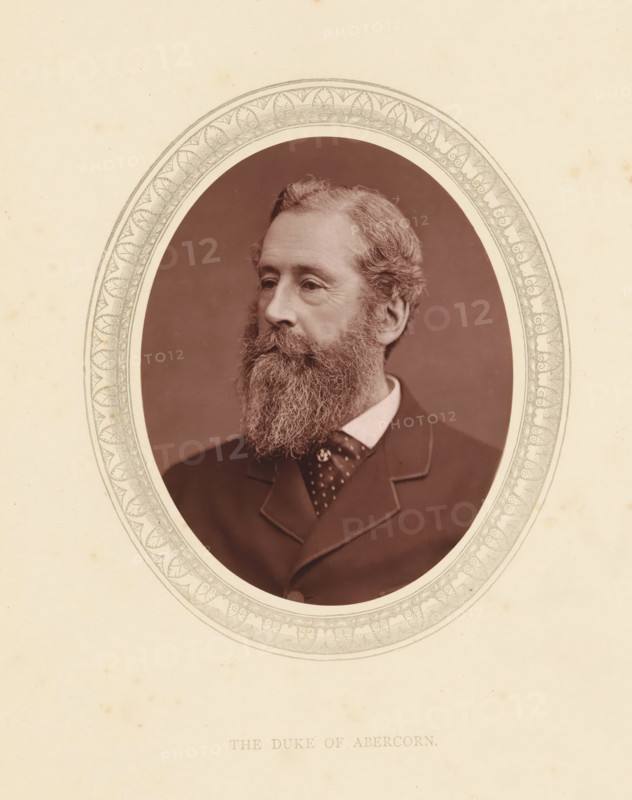 The duke of Abercorn, page, photomechanical print, photographer: Lock & Whitfield, cliché maker: anonymous, c. 1871 - in or before 1876, paper, Woodburytype, Woodbury Process, height 115 mm x width 89 mm, Person, James Hamilton, historical persons (portraits and scenes from the life) ((full) bust portrait), An oval sepia photograph of a middle-aged man with a full beard and mustache set into a decorative oval mat, showing the man's head and upper torso turned slightly to his left, short wavy hair, visible ear, and a suit jacket with a white shirt collar and patterned necktie, all surrounded by a pale background and an ornate border around the oval.