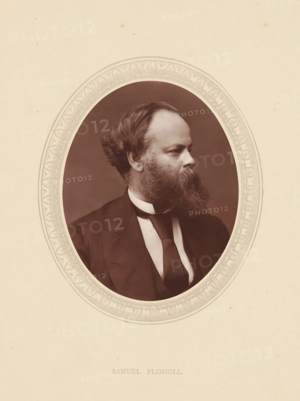 Samuel Plimsoll, page, photomechanical print, photographer: Lock & Whitfield, cliché maker: anonymous, c. 1871 - in or before 1876, paper, Woodburytype, height 115 mm x width 89 mm, Person, politician, eg party leader, historical persons (portraits and scenes from the life) ((full) bust portrait), A sepia-toned oval portrait of a man shown in profile facing right, with a full beard and swept-back hair, wearing a dark suit jacket, a white shirt, and a dark necktie, set against a plain darker background and surrounded by a decorative oval border on a light textured paper.