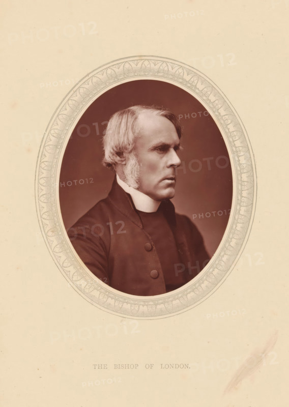The bishop of London, page, photomechanical print, photographer: Lock & Whitfield, cliché maker: anonymous, c. 1871 - in or before 1876, paper, Woodburytype, height 115 mm x width 89 mm, Person, John Jackson, functionaries and dignitaries, episcopal Protestant churches, historical persons (portraits and scenes from the life) ((full) bust portrait), An oval sepia portrait of a middle-aged man shown in profile facing right, with light-colored hair parted at the side and long sideburns, wearing a dark clerical coat with visible buttons and a high white collar, set against a plain darker background and framed by an ornate patterned oval mat on a light beige textured paper.