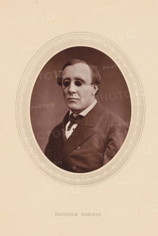 Henry Fawcett, page, photomechanical print, photographer: Lock & Whitfield, cliché maker: anonymous, c. 1871 - in or before 1876, paper, Woodburytype, height 115 mm x width 89 mm, Person, official, civil servant, blind, blindness, historical persons (portraits and scenes from the life) ((full) bust portrait), An oval-framed sepia portrait centered on a pale background shows a man with short hair wearing round dark lenses, a high-collared shirt with a bow tie, and a double-breasted coat with visible buttons, the decorative oval border featuring a repeating leaf-like pattern.