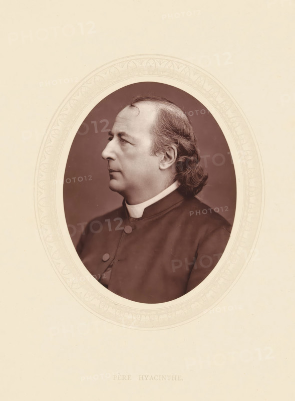 Père Hyacinthe, page, photomechanical print, photographer: Lock & Whitfield, cliché maker: anonymous, c. 1871 - in or before 1876, paper, Woodburytype, Woodbury Process, height 115 mm x width 89 mm, Person, Hyacinthe Loyson, theologian, historical persons (portraits and scenes from the life) ((full) bust portrait), A sepia-toned portrait of a middle-aged man shown in profile facing left, with a high forehead, a small curl of hair on his forehead, and wavy hair swept back to the nape of his neck; he wears a dark clerical garment with a visible collar and round buttons, and the portrait is framed by an ornate oval mat set against a pale background.