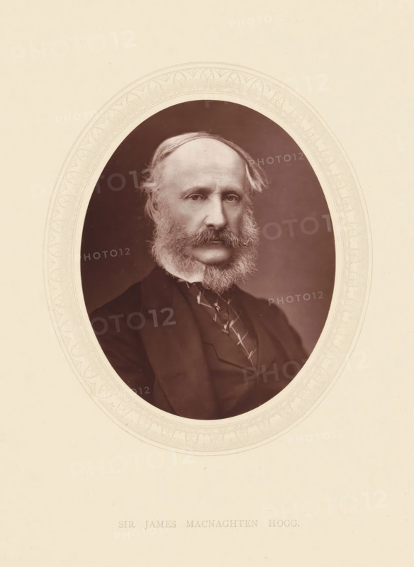Sir James Macnaghten Hogg, page, photomechanical print, photographer: Lock & Whitfield, cliché maker: anonymous, c. 1871 - in or before 1876, paper, Woodburytype, Woodbury Process, height 115 mm x width 89 mm, Person, James McGarel-Hogg, politician, eg party leader, historical persons (portraits and scenes from the life) ((full) bust portrait), An oval sepia portrait of an older man with a high forehead and receding hairline, showing side-swept hair and full bushy mutton chop whiskers framing his face, dressed in a dark suit jacket, waistcoat, and patterned necktie, centered within an ornate light-colored oval frame set against a pale background.