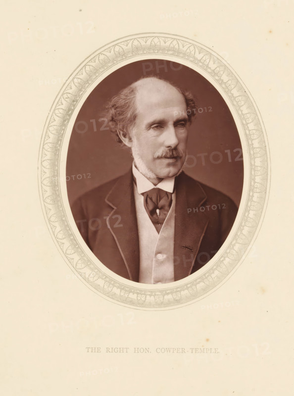 The right hon. Cowper-Temple, page, photomechanical print, photographer: Lock & Whitfield, cliché maker: anonymous, c. 1871 - in or before 1876, paper, Woodburytype, Woodbury Process, height 115 mm x width 89 mm, Person, William Cowper-Temple, politician, eg party leader, historical persons (portraits and scenes from the life) ((full) bust portrait), An oval sepia portrait of a middle-aged man with thinning hair and sideburns, shown from the chest up wearing a dark jacket with light piping, a light vest, a high-collared shirt, and a tied cravat, set against a plain darker background and surrounded by a decorative oval frame on a light cream paper.