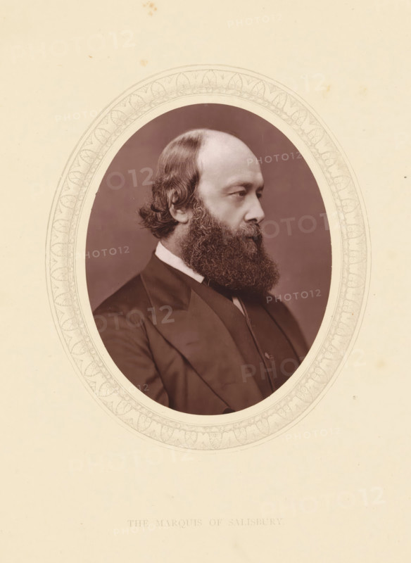 The marquis of Salisbury, page, photomechanical print, photographer: Lock & Whitfield, cliché maker: anonymous, c. 1871 - in or before 1876, paper, Woodburytype, Woodbury Process, height 115 mm x width 89 mm, Person, Robert Gascoyne-Cecil (Marquis of Salisbury), prime minister, historical persons (portraits and scenes from the life) ((full) bust portrait), An oval sepia photographic portrait of a man shown in profile facing right, with a high forehead, wavy hair at the back of his head, and a full bushy beard; he is wearing a dark suit jacket, a white shirt collar, and a dark necktie, and the portrait is set against a neutral background with a decorative oval border and a plain off-white surrounding area.