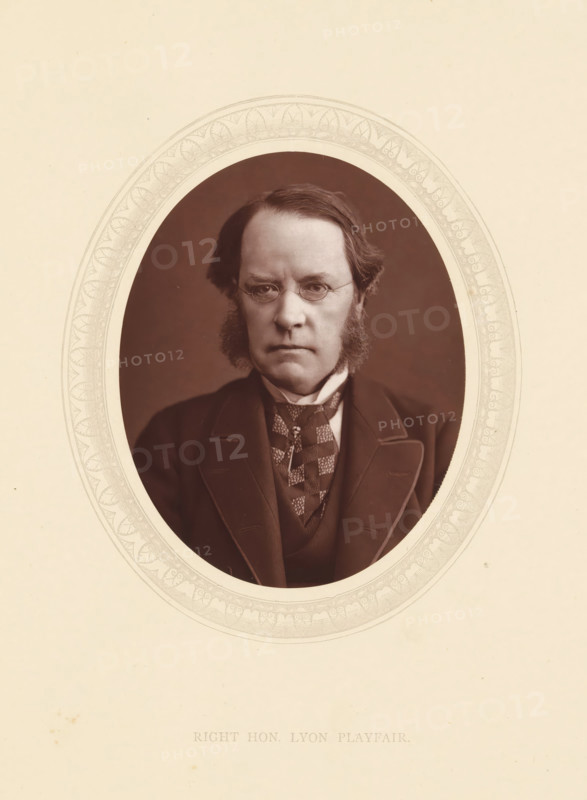 Right hon. Lyon Playfair, page, photomechanical print, photographer: Lock & Whitfield, cliché maker: anonymous, c. 1871 - in or before 1876, paper, Woodburytype, Woodbury Process, height 115 mm x width 89 mm, Person, Lyon Playfair, politician, eg party leader, historical persons (portraits and scenes from the life) ((full) bust portrait), A sepia-toned oval portrait of a middle-aged man with sideburns and short hair, wearing small round spectacles and a dark suit with a patterned cravat, shown from the chest up against a plain dark background and set within a decorative oval mat on a pale paper.