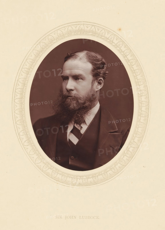 Sir John Lubbock, page, photomechanical print, photographer: Lock & Whitfield, cliché maker: anonymous, c. 1871 - in or before 1876, paper, Woodburytype, Woodbury Process, height 115 mm x width 89 mm, Person, John Lubbock, banker, historical persons (portraits and scenes from the life) ((full) bust portrait), An oval sepia portrait of a bearded man in a suit is centered on a cream-colored background with a decorative oval border; the man is shown from the chest up, facing slightly to the viewer's left, with neatly combed hair and a full, bushy beard, wearing a dark jacket, waistcoat, collared shirt, and a diagonally striped tie, and framed by a patterned inner rim against a plain outer margin.