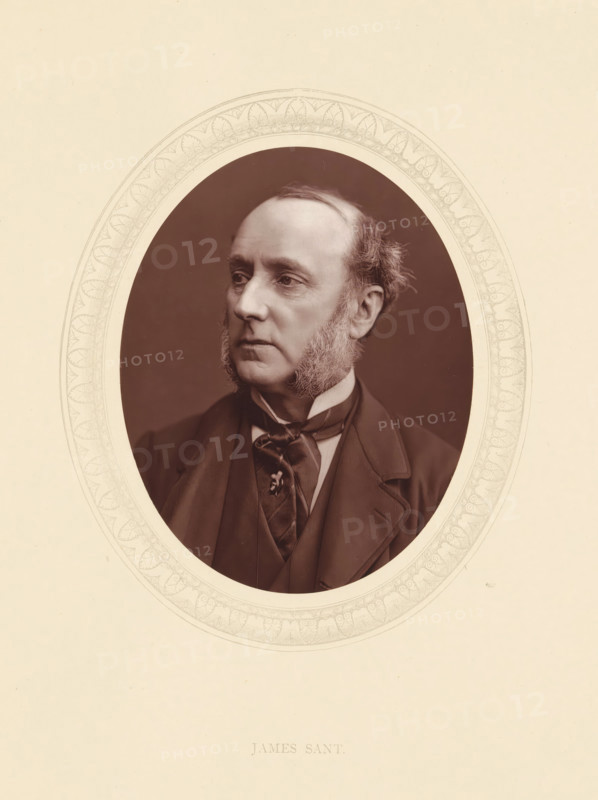 James Sant, page, photomechanical print, photographer: Lock & Whitfield, cliché maker: anonymous, c. 1871 - in or before 1876, paper, Woodburytype, Woodbury Process, height 115 mm x width 89 mm, Person, portrait, self-portrait of painter, historical persons (portraits and scenes from the life) ((full) bust portrait), A sepia-toned oval portrait of a middle-aged man framed by a decorative oval border on a light background, showing a three-quarter view of his head and upper torso, with a high forehead and receding hairline, side-whiskers, a composed facial expression, a dark suit jacket, a waistcoat, and a tied cravat.