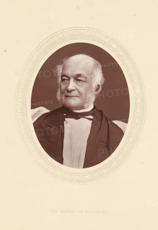 The bishop of Salisbury, page, photomechanical print, photographer: Lock & Whitfield, cliché maker: anonymous, c. 1871 - in or before 1876, paper, Woodburytype, Woodbury Process, height 115 mm x width 89 mm, Person, George Moberly, archbishop, bishop, etc. (Roman Catholic), historical persons (portraits and scenes from the life) ((full) bust portrait), A framed oval portrait of an older man shown from the chest up, with light hair and prominent sideburns, wearing a dark robe over a light garment and a bow at the collar; the oval is set against a pale background with a decorative border around the portrait.