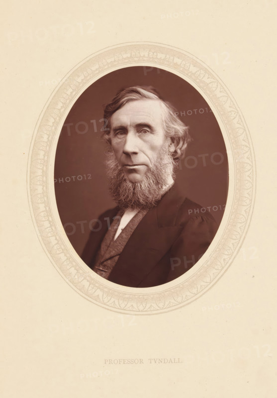 Professor Tyndall, page, photomechanical print, photographer: Lock & Whitfield, cliché maker: anonymous, c. 1871 - in or before 1876, paper, Woodburytype, Woodbury Process, height 115 mm x width 89 mm, Person, John Tyndall, professor, historical persons (portraits and scenes from the life) ((full) bust portrait), An oval photographic portrait of an older man with a full beard and sideburns set against a dark background, framed by a decorative pale oval border on a light textured background, showing the man's face turned slightly toward the viewer with wavy hair, a high forehead, deep-set eyes, a prominent nose, and a closed mouth; he wears a dark jacket over a lighter vest and high-collared shirt, and the overall image has a sepia tone.