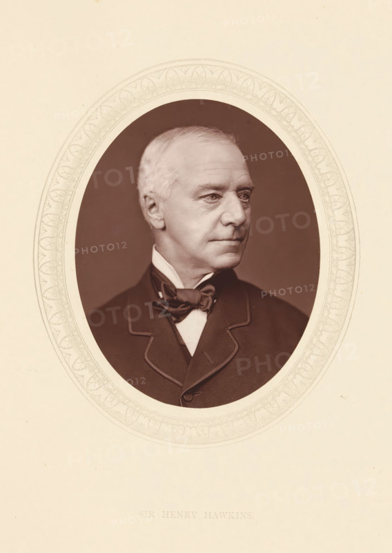 Sir Henry Hawkins, page, photomechanical print, photographer: Lock & Whitfield, cliché maker: anonymous, c. 1871 - in or before 1876, paper, Woodburytype, Woodbury Process, height 115 mm x width 89 mm, Person, Henry Hawkins, magistracy, judges, historical persons (portraits and scenes from the life) ((full) bust portrait), A sepia-toned oval portrait of an older man shown from the chest up, facing slightly to the right, with short light hair and a serious expression, wearing a dark suit jacket with a high collar and a bow tied at the neck; the oval image is set against a light background and surrounded by a decorative patterned border.