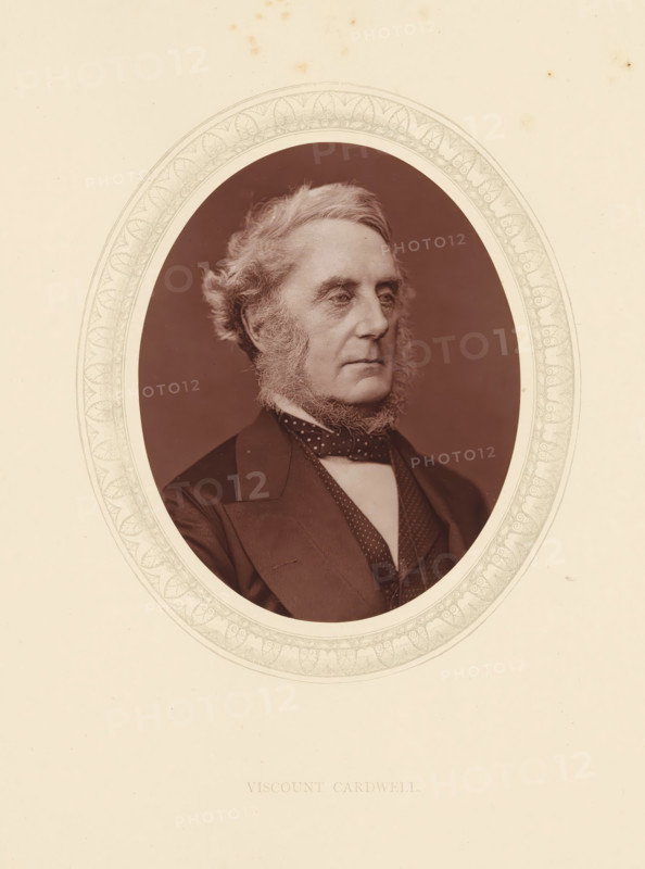Viscount Cardwell, page, photomechanical print, photographer: Lock & Whitfield, cliché maker: anonymous, c. 1873 - in or before 1878, paper, Woodburytype, Woodbury Process, height 115 mm x width 89 mm, Person, Edward Cardwell, politician, eg party leader, historical persons (portraits and scenes from the life) ((full) bust portrait), A sepia-toned oval portrait of an older man shown from the chest up, set against a decorative oval border on a pale background, with the man turned slightly to his left and looking off-camera; he has wavy light-colored hair and prominent side whiskers framing his jaw, a lined forehead and a composed facial expression, and he is wearing a dark coat with a patterned cravat and a vest visible beneath, the decorative border around the oval featuring a repeating leaf-like motif.
