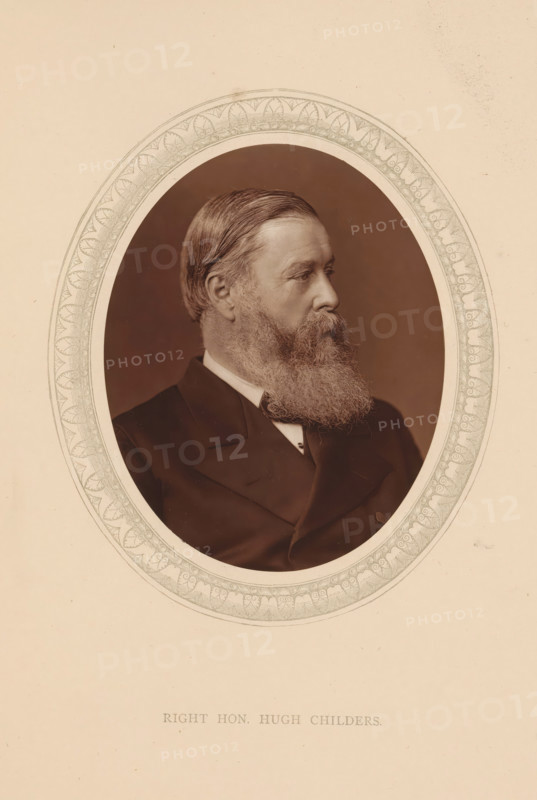 Right hon. Hugh Childers, page, photomechanical print, photographer: Lock & Whitfield, cliché maker: anonymous, c. 1873 - in or before 1878, paper, Woodburytype, Woodbury Process, height 115 mm x width 89 mm, Person, Hugh Childers, politician, eg party leader, historical persons (portraits and scenes from the life) ((full) bust portrait), A sepia-toned oval portrait set against a light background shows a man in three-quarter profile facing right with neatly combed hair and a full beard and mustache, wearing a dark formal jacket and a white shirt visible at the collar, the oval is surrounded by a decorative patterned border.