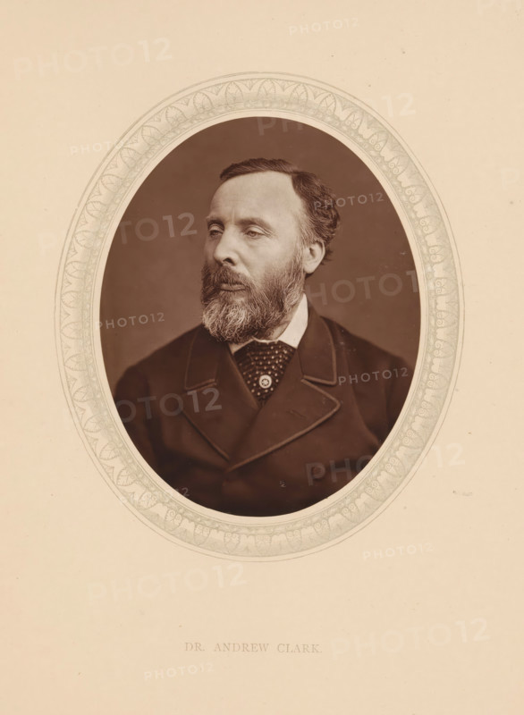 Dr. Andrew Clark, page, photomechanical print, photographer: Lock & Whitfield, cliché maker: anonymous, c. 1873 - in or before 1878, paper, Woodburytype, Woodbury Process, height 115 mm x width 89 mm, Person, Andrew Clark, physician, doctor, historical persons (portraits and scenes from the life) ((full) bust portrait), An oval photographic portrait of a middle-aged man with a full beard and mustache, short hair combed to the side, and a neutral expression, shown from the chest up and turned slightly to his left, set against a plain dark background and surrounded by an ornate decorative oval border on a light-colored mat.