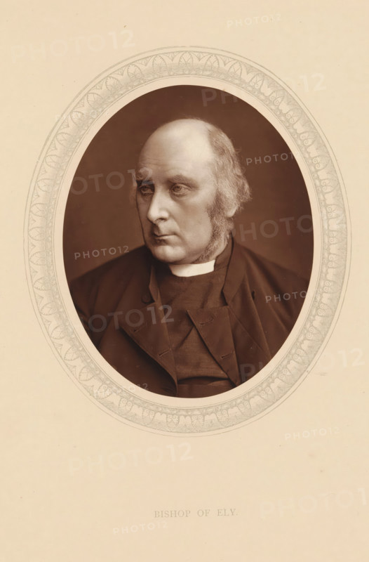 Bishop of Ely, page, photomechanical print, photographer: Lock & Whitfield, cliché maker: anonymous, c. 1875 - in or before 1880, paper, Woodburytype, Woodbury Process, height 115 mm x width 89 mm, Person, James Woodford, archbishop, bishop, etc. (Roman Catholic), historical persons (portraits and scenes from the life) ((full) bust portrait), A sepia toned oval portrait of an older man with a high forehead and receding hairline, sideburns, and a neutral expression, dressed in dark clerical clothing with a white collar, set against a plain darker background and surrounded by a decorative oval border on a light background.