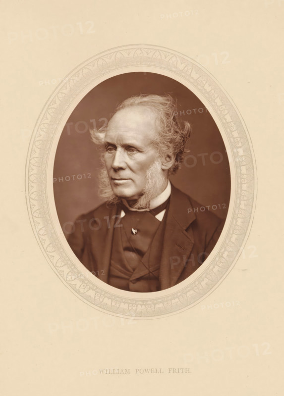 William Powell Frith, page, photomechanical print, photographer: Lock & Whitfield, cliché maker: anonymous, c. 1875 - in or before 1880, paper, Woodburytype, Woodbury Process, height 115 mm x width 89 mm, Person, portrait, self-portrait of painter, historical persons (portraits and scenes from the life) ((full) bust portrait), A sepia-toned oval portrait of an older man with light-colored hair styled back from his forehead and prominent sideburns, wearing a dark suit jacket, waistcoat, and a high-collared shirt with a bow or cravat at the neck, set against a plain darker background and surrounded by a decorative oval mat with an intricate repeating leaf-and-scroll pattern on a light-colored mount.