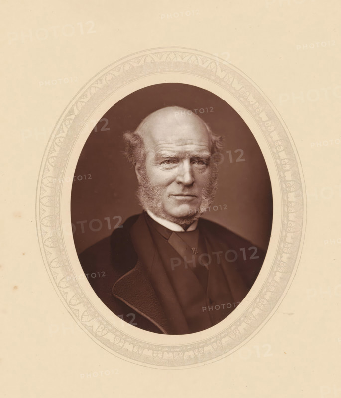 Thomas Hughes, page, photomechanical print, photographer: Lock & Whitfield, cliché maker: anonymous, c. 1875 - in or before 1880, paper, Woodburytype, Woodbury Process, height 115 mm x width 89 mm, Person, lawyer, attorney at law, historical persons (portraits and scenes from the life) ((full) bust portrait), An oval sepia photograph of an older man with a high forehead and receding hairline, prominent sideburns, and a serious expression, shown from the chest up wearing a dark coat, waistcoat, and a cravat with a small ornamental pin, set against a dark background and surrounded by a decorative patterned oval mat on a pale paper.