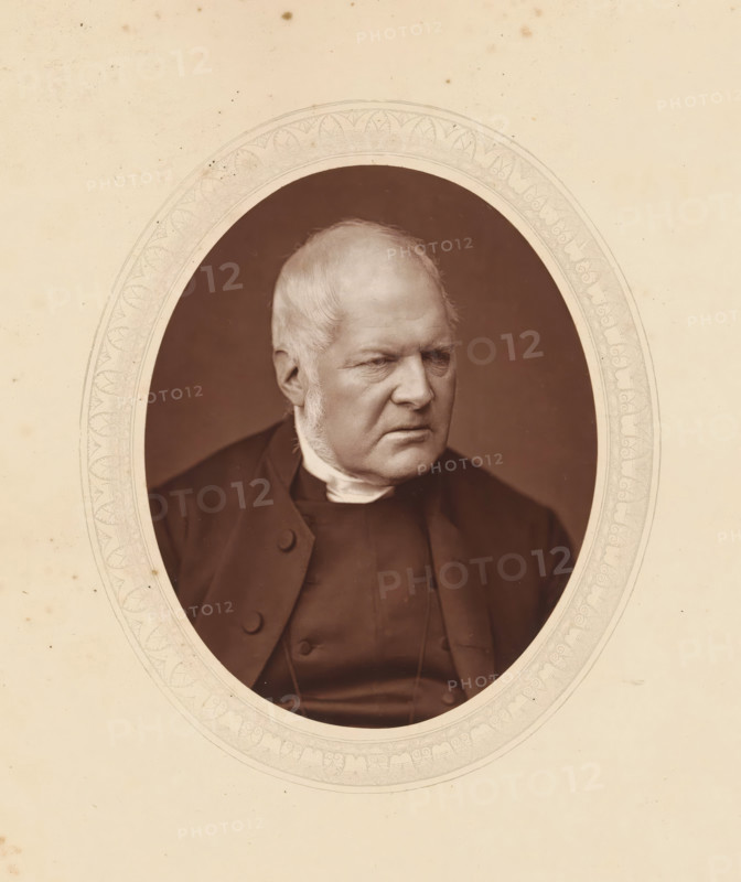 Edward Meyrick Goulburn, DD, page, photomechanical print, photographer: Lock & Whitfield, cliché maker: anonymous, c. 1875 - in or before 1880, paper, Woodburytype, Woodbury Process, height 115 mm x width 89 mm, Person, theologian, historical persons (portraits and scenes from the life) ((full) bust portrait), An oval sepia portrait of an older man with light hair and sideburns set against a dark background, showing his face in three-quarter view with a serious expression, dressed in a dark coat and a high white collar, framed by an ornate pale oval mat with decorative patterns and surrounded by a light, slightly spotted background.