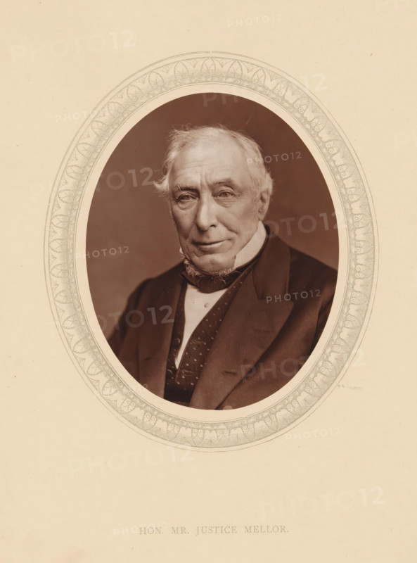 Hon. Mr. justice Mellor, page, photomechanical print, photographer: Lock & Whitfield, cliché maker: anonymous, c. 1875 - in or before 1880, paper, Woodburytype, Woodbury Process, height 115 mm x width 89 mm, Person, John Mellor, magistracy, judges, historical persons (portraits and scenes from the life) ((full) bust portrait), An oval sepia portrait of an older man with light hair and sideburns wearing a dark suit, waistcoat, shirt, and cravat, set against a plain dark background and framed by an ornate oval border on a light cream paper.
