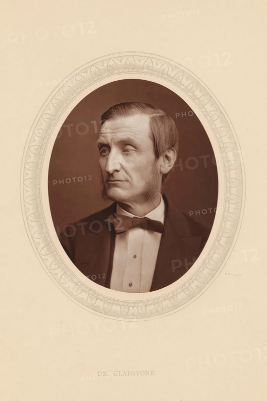 Dr. Gladstone, page, photomechanical print, photographer: Lock & Whitfield, cliché maker: anonymous, c. 1875 - in or before 1880, paper, Woodburytype, Woodbury Process, height 115 mm x width 89 mm, Person, John Hall Gladstone, historical persons (portraits and scenes from the life) ((full) bust portrait), chemistry (portrait of scholar, scientist), An oval portrait of a man with sideburns and short, combed hair, shown from the chest up and turned slightly to his left, wearing a dark jacket, a light shirt with a high collar, and a bow tie, set against a dark background and framed by an ornate decorative oval mat on a light paper background.