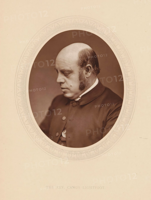 The rev. canon Lightfoot, page, photomechanical print, photographer: Lock & Whitfield, cliché maker: anonymous, c. 1875 - in or before 1880, paper, Woodburytype, Woodbury Process, height 115 mm x width 89 mm, Person, Joseph Lightfoot, theologian, historical persons (portraits and scenes from the life) ((full) bust portrait), An oval sepia portrait of a man shown in profile facing left, with a high forehead and closely cropped hair at the back, prominent sideburns, closed eyes, and a neutral expression, dressed in a dark buttoned coat with a visible collar and a light shirt beneath, set against a plain darker oval background framed by a decorative light-colored oval border on a lighter sheet.