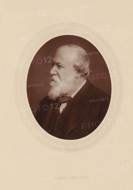 Robert Browning, page, photomechanical print, photographer: Lock & Whitfield, cliché maker: anonymous, c. 1876 - in or before 1881, paper, Woodburytype, Woodbury Process, height 115 mm x width 89 mm, Person, writer, poet, author, historical persons (portraits and scenes from the life) ((full) bust portrait), An oval portrait of an older man shown in profile facing left, with light hair combed back, a full white beard and mustache, and a lined face; he wears a dark coat with a vest and a light-colored shirt with a bow at the collar, set against a dark background and surrounded by an ornate embossed oval frame on a light-colored mat.