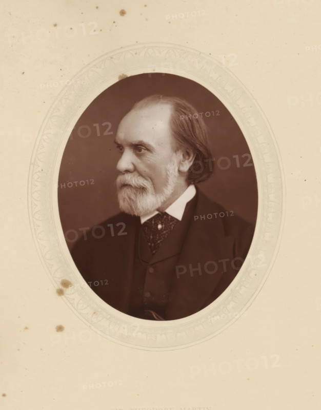 Sir Theodore Martin, page, photomechanical print, photographer: Lock & Whitfield, cliché maker: anonymous, c. 1876 - in or before 1881, paper, Woodburytype, Woodbury Process, height 115 mm x width 89 mm, Person, Theodore Martin, portrait of a writer, historical persons (portraits and scenes from the life) ((full) bust portrait), A sepia-toned oval portrait of an older man shown in three-quarter profile facing left, with a full beard and mustache, a high forehead with receding hairline, and hair swept back; he wears a dark suit jacket over a vest and a patterned cravat with a white collar peeking out, and the portrait is set against a dark background within a decorative oval mat that shows faint embossed patterns and a few small stains on the surrounding light-colored paper.