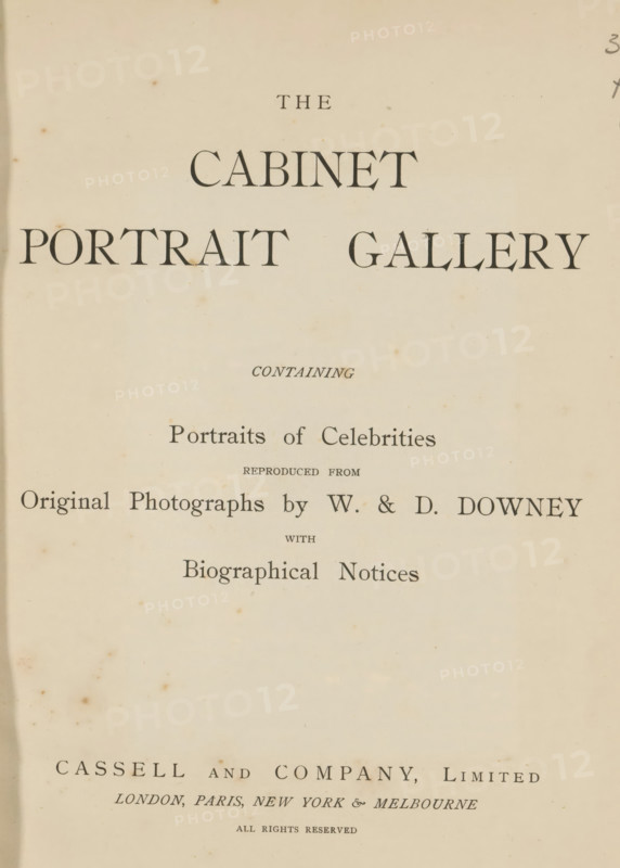 The cabinet portrait gallery containingg portraits of celebrities reproduced from original photographs by W. and D. Downey, book, inscription: 'St. Sampson's Wesleyan PSA Prize Miss ...', publisher: Cassell & Co., London, 1894, Cassell & Co., publisher, textile materials, paper, linen (material), Woodburytype, height 250 mm x width 200 mm x thickness 35 mm, A vertically oriented aged book page with a cream background and scattered small brown foxing marks, containing several lines of large serif printing arranged across the upper and middle areas, a wide blank lower area, and a narrow darker margin visible along the left edge.