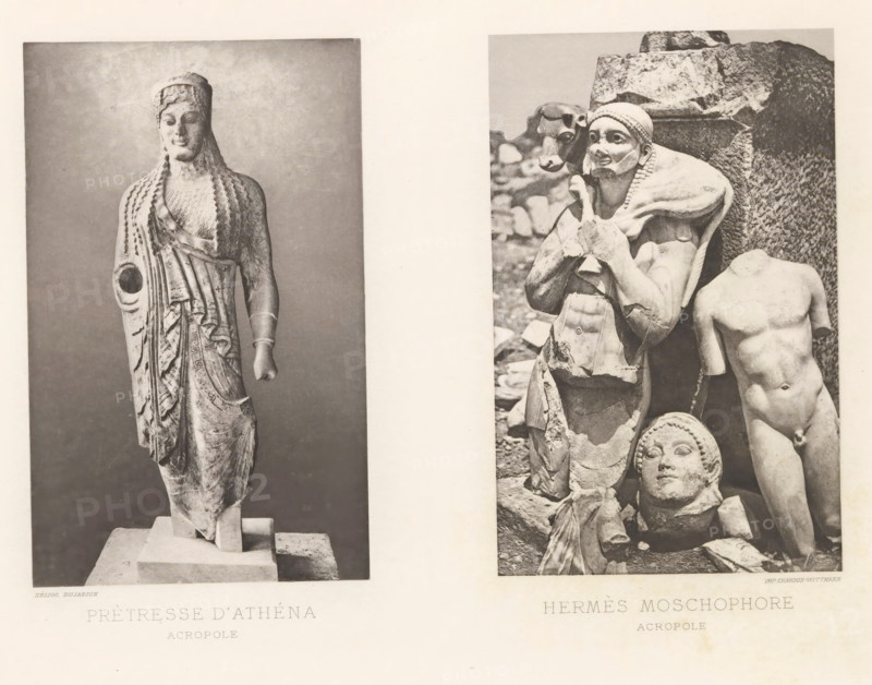 Priestess of Athena, Hermes Moschophore, Sculpture of a priestess of Pallas Athena and a sculpture of Hermes with a calf on his shoulders, page, photomechanical print, cliché maker: Dujardin, printer (person): Chardon-Wittmann, c. 1880 - in or before 1890, photographer, printer (person), paper, photoaquatint, height 237 mm x width 322 mm, Prints opposite page 89., sculpture, (story of) Mercury (Hermes), calf, priest, Greek religion - EE - priestess, A photographic plate showing two separate grayscale images of ancient stone sculptures separated by a vertical blank margin, the left image depicting a draped female figure standing on a rectangular base with braided hair and detailed garment folds, the figure missing one forearm and the visible hand shaped into a small fist, and the right image showing a clustered arrangement of fragmented sculptures including a bearded male figure wearing a cap and holding an object near his chest, a headless nude torso, a detached sculpted head with curl...