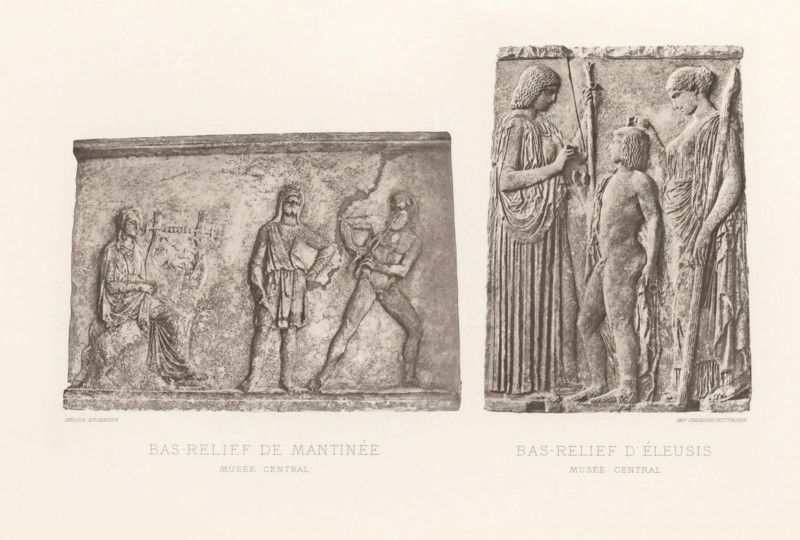 Bas relief from Mantinea and a bas relief from Eleusis, Bas-relief de Mantinée, Bas-relief d'Éleusis, page, photomechanical print, cliché maker: Dujardin, printer (person): Chardon-Wittmann, c. 1880 - in or before 1890, Dujardin, Chardon-Wittmann, photographer, cliché maker, printer (person), paper, photoaquatint, height 237 mm x width 322 mm, Prints opposite page 94., making music, musician with instrument, sculpture (relief, sculpture), Eleusinian mysteries, in honor of Demeter, Two rectangular stone relief panels are shown side by side on a pale background. The left panel depicts seated and standing figures carved in low relief, with one seated figure wearing draped clothing and holding an object, a central standing figure in short tunic with one hand on hip, and another partially nude figure holding a large rounded vessel. The right panel shows taller, more vertical figures in higher relief, with two women in long, flowing robes holding staffs and a naked youth standing between the...