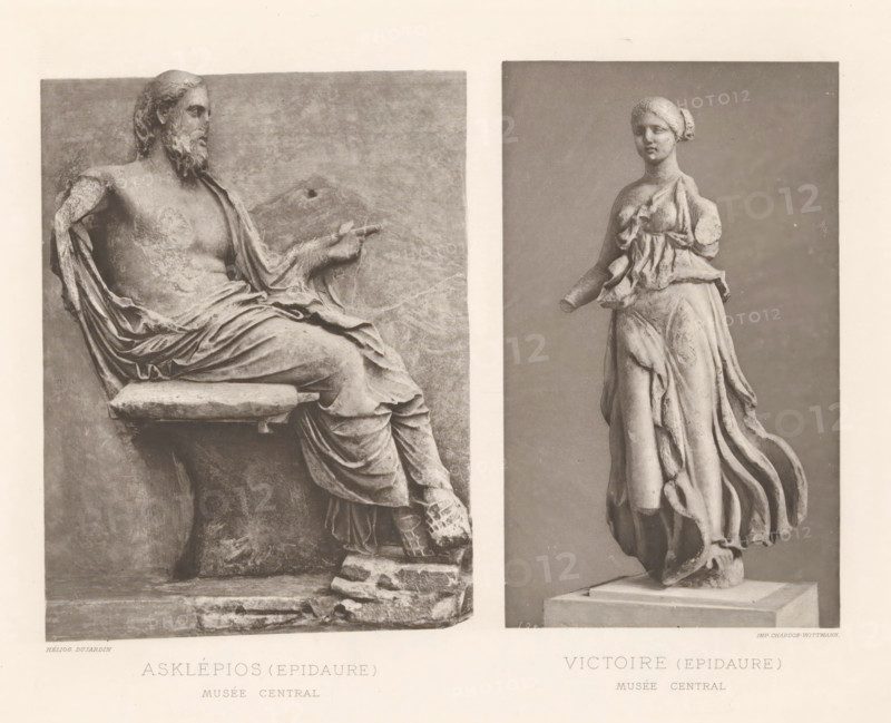 Relief of Asclepius and a sculpture of Nikè, Victoire (Epidaure), Asklépios (Epidaure), page, photomechanical print, cliché maker: Dujardin, printer (person): Chardon-Wittmann, c. 1880 - in or before 1890, photographer, printer (person), paper, photoaquatint, height 237 mm x width 322 mm, Prints opposite page 95., sculpture, (story of) Aesculapius (Asclepius), (story of) Nike, The image shows two grayscale photographs side by side of sculpted figures mounted on a beige background; on the left is a reclining male figure with a bearded face and draped cloth over his torso and legs, seated on a ledge with a bent arm extending outward and a weathered surface with visible chips and cracks, and on the right is a standing female figure wearing flowing drapery with one arm missing and hair pulled back in a bun, posed on a rectangular plinth against a plain backdrop.