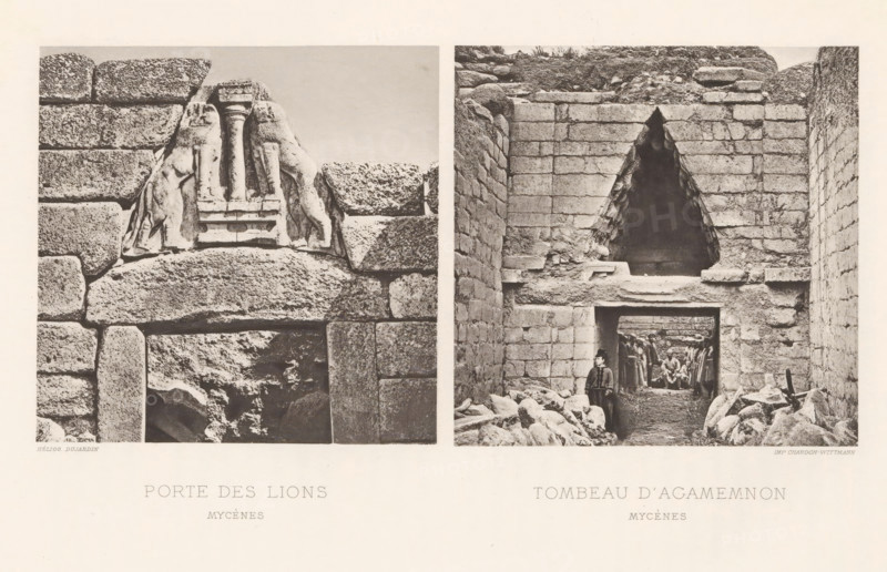 Lions Gate at Mycenae and the Treasury of Atreus at Mycenae, Tombeau d'Agamemnon Mycènes, Porte des lions Mycènes, page, photomechanical print, Mycenae, cliché maker: Dujardin, printer (person): Chardon-Wittmann, c. 1880 - in or before 1890, Dujardin, Chardon-Wittmann, photographer, cliché maker, printer (person), Pelopónnesos, paper, photoaquatint, height 237 mm x width 322 mm, Prints opposite page 139., grave, tomb, gate, entrance, sculpture (relief, sculpture), Lion's Gate (Mycenae), Treasury of Atreus, Two adjacent black and white photographs are printed on a pale page. The left photograph shows a close view of a stone wall with large rough blocks and a carved relief set into the masonry depicting two symmetrical feline figures flanking a central column-like motif. The stone blocks vary in texture, with some smoother faces and some pitted surfaces, and a rectangular opening at the bottom edge reveals irregular rock inside. The right photograph shows a view through a large stone ent...