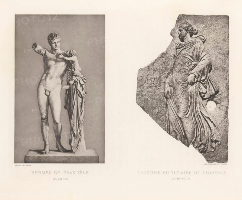 Sculpture of Hermes with the child Dionysos and a relief of a dancer, Danseuse du théatre de Dionysos Acropole, Hermès de Praxitèle Olympie, page, photomechanical print, cliché maker: Dujardin, printer (person): Chardon-Wittmann, c. 1880 - in or before 1890, photographer, printer (person), paper, photoaquatint, height 237 mm x width 322 mm, Prints opposite page 148., sculpture, woman dancing alone, (story of) Mercury (Hermes), A wide image shows two grayscale photographs of classical stone sculptures mounted on a pale background; on the left is a full-length statue of a nude male figure standing on a rectangular base with a smaller draped child figure clinging to his side, the male has short curly hair and a muscular torso, one arm is missing from the shoulder and the other rests near the child's head, the drapery of the child's garment falls in folds beside the man's thigh; on the right is a fragmentary relief of a robed female figure carved into a rough stone slab, shown in profile w...