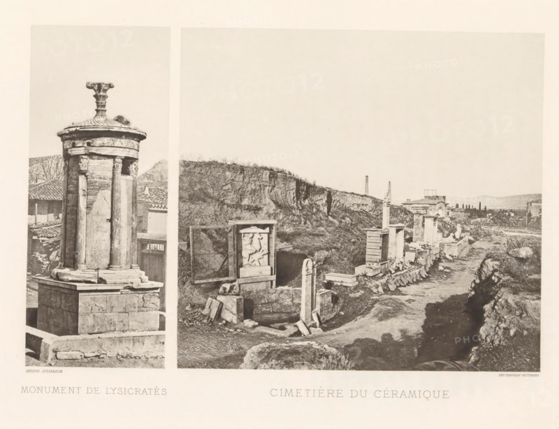 Monument of Lysicrates in Athens and a view of the cemetery of Kerameikos, Cimetière du céramique, Monument de Lysicratès, page, photomechanical print, Athens, cliché maker: Dujardin, printer (person): Chardon-Wittmann, c. 1880 - in or before 1890, photographer, printer (person), Athene, Periféreia Protevoúsis, paper, photoaquatint, height 245 mm x width 323 mm, Prints opposite page 23., churchyard, cemetery, monument, statue, A sepia-toned panoramic image divided into two vertical panels showing ancient stone ruins and monuments set against a rocky hillside and open sky; the left panel features a cylindrical stone monument with a decorative capital and fluted columns standing on a multi-tiered square base, tiled roofs and small structures visible behind it; the right panel shows a dirt path lined with stone blocks, carved reliefs, upright slabs and broken architectural fragments leading toward scattered buildings and distant low hills, with a rocky embankment in the foreground and a c...