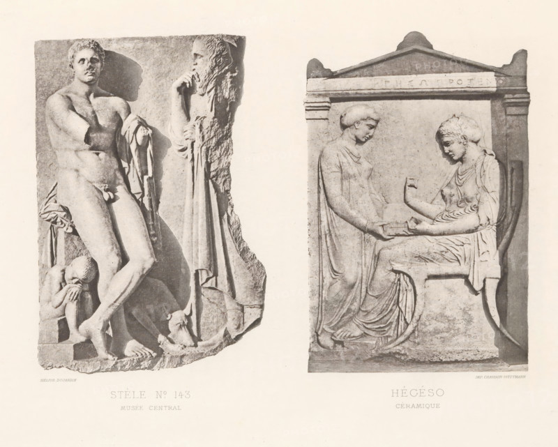 Hégéso céramique, Stele no. 143 musée central, Stele of Illissos and funerary stele of Hegesa, page, photomechanical print, Athens, cliché maker: Dujardin, printer (person): Chardon-Wittmann, c. 1880 - in or before 1890, photographer, printer (person), Athene, Periféreia Protevoúsis, paper, photoaquatint, height 245 mm x width 323 mm, Prints opposite page 25., sculpture (relief, sculpture), upright gravestone, A grayscale photograph shows two separate relief sculptures on a light background, one on the left depicting a muscular nude male figure standing with a cloak draped over one arm and a smaller childlike figure crouched at his feet, alongside a bearded robed figure whose hand rests near his face, the carved stone edges visible; the relief on the right shows two seated draped female figures facing each other within an architectural frame, one holding a shallow rectangular object while the other extends an arm toward it, with detailed folds in their garments and a peaked pediment ab...