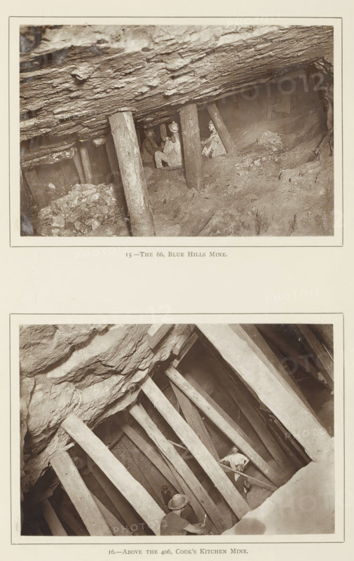 Above the 406, Cook's Kitchen Mine, The 66, Blue Hills Mine, Pillars in a mine in Cornwall, page, photomechanical print, Above a pillar in the Blue Hills Mine, below a pillar in the Cook's Kitchen Mine., number: '15.', number: '16.', photographer: John Charles Burrow, Cornwall, clichémaker: anonymous, United Kingdom, c. 1893, paper, Woodburytype, Woodburytypie, height 304 mm x width 243 mm, Prints opposite page 28., miner, shafts and galleries (of a mine), beam, joist, rafter, building material, A sepia-toned photograph showing an underground rock cavity supported by many angled timber beams and upright wooden posts with rough textured rock overhead and rocky floor; three men are visible among the supports wearing work clothes and hats, one man stands further back near the beams while another sits or crouches closer to the foreground and a third is partially visible near the top of the image; loose rock and rubble lie on the ground and the beams form a repeating diagonal pattern across...