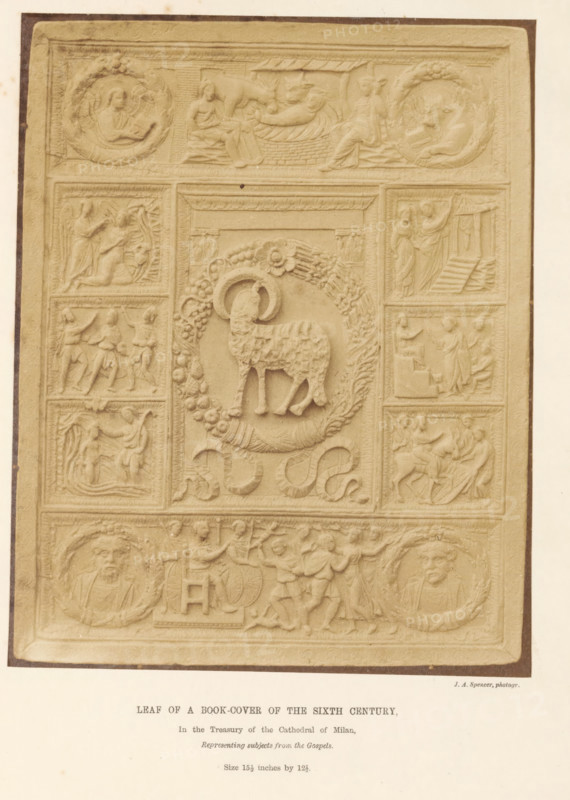 Notices of sculpture in ivory, consisting of a lecture on the history, methods, and chief productions of the art, book, inscription: 'Charles P. Neuter ... from ...', writer (clerical worker): Matthew Digby Wyatt, writer (clerical worker): Edmund Oldfield, publisher: Arundel Society for Promoting the Knowledge of Art, London, 1856, writer (clerical worker), pasteboard, biological material, paper, leather, albumen print, height 292 mm x width 225 mm x thickness 9 mm, A rectangular carved panel with a central raised oval medallion containing a lamb standing on a decorative base surrounded by a wreath and floral motifs, flanked by smaller rectangular and square panels containing low-relief human figures in various posed scenes, allegorical or narrative groups, and architectural elements; the top section shows circular medallions with reclining figures and seated figures in a horizontal panel, while the lower area includes round portraits and a band of dancing or grouped figures, all rende...