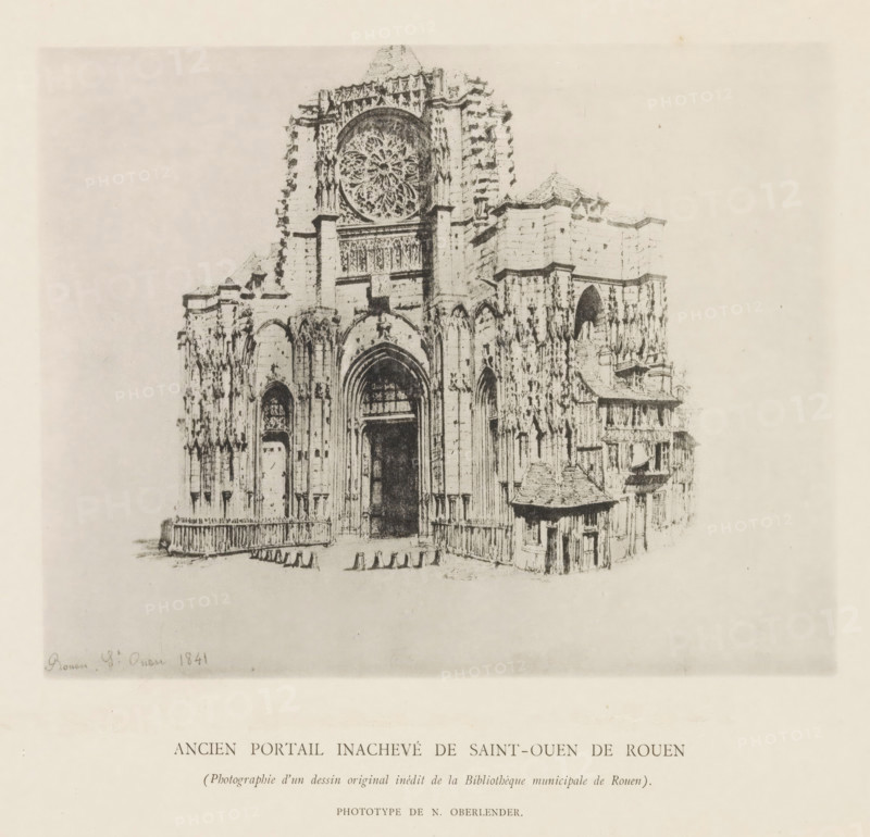 Photo reproduction of a drawing depicting the entrance portal to the Abbey Church of Saint-Ouen in Rouen, Ancien portal inachevé de Saint-Ouen de Rouen, reproduction, page, photomechanical print, number: 'Pl. I.', photographer: N. Oberlender, after drawing by anonymous, c. 1885 - in or before 1895, paper, collotype, phototype, height 143 mm x width 181 mm, church (exterior), parts of church exterior and annexes: portal, Rouen, Saint-Ouen Abbey Church, A monochrome drawing of a large Gothic cathedral facade centered on the page, showing a tall main entrance with pointed arches, an ornate circular rose window above the entrance, elaborate vertical buttresses and sculptural details along the front, smaller archways and windows flanking the central portal, a projecting corner structure with a steeply pitched roof on the right, and a low fence or balustrade in front of the building; the image is bordered by a wide pale margin.
