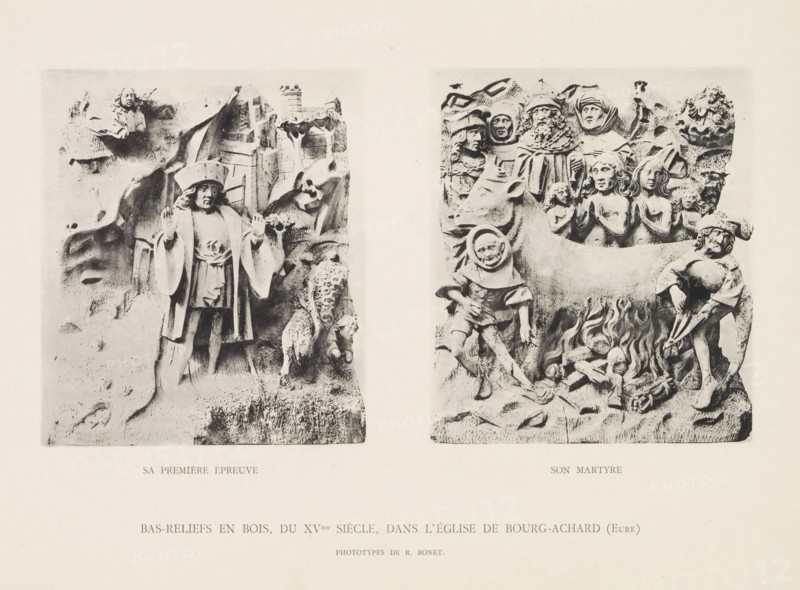 Son martyre, Two bas reliefs from the Église Saint-Lô in Bourg-Achard, depicting the ordeal and martyrdom of Saint Eustace of Rome, Sa première epreuve, Bas reliefs en bois, du XVme siècle, dans l'Église de Bourg-Achard (Eure), page, photomechanical print, number: 'Pl. III.', photographer: Raoul Bonet, Bourg-Achard, cliché maker: Raoul Bonet (possibly), c. 1885 - in or before 1895, Raoul Bonet, photographer, cliché maker, paper, collotype, phototype, height 243 mm x width 321 mm, Prints after page 28., the Roman soldier and hunter Eustace (Eustachius, Eustathius), possible attributes: banner, bull of brass, cuirass, hunting horn, lance, stag's head with crucifix, sword, two sons, wife, sculpture (relief, sculpture), martyrdom, suffering, misfortune, death of St. Eustace, A sepia-toned image showing two carved relief panels side by side on a light background, the left panel depicting a standing robed figure with raised hands wearing a headpiece, surrounded by carved architectural elemen...