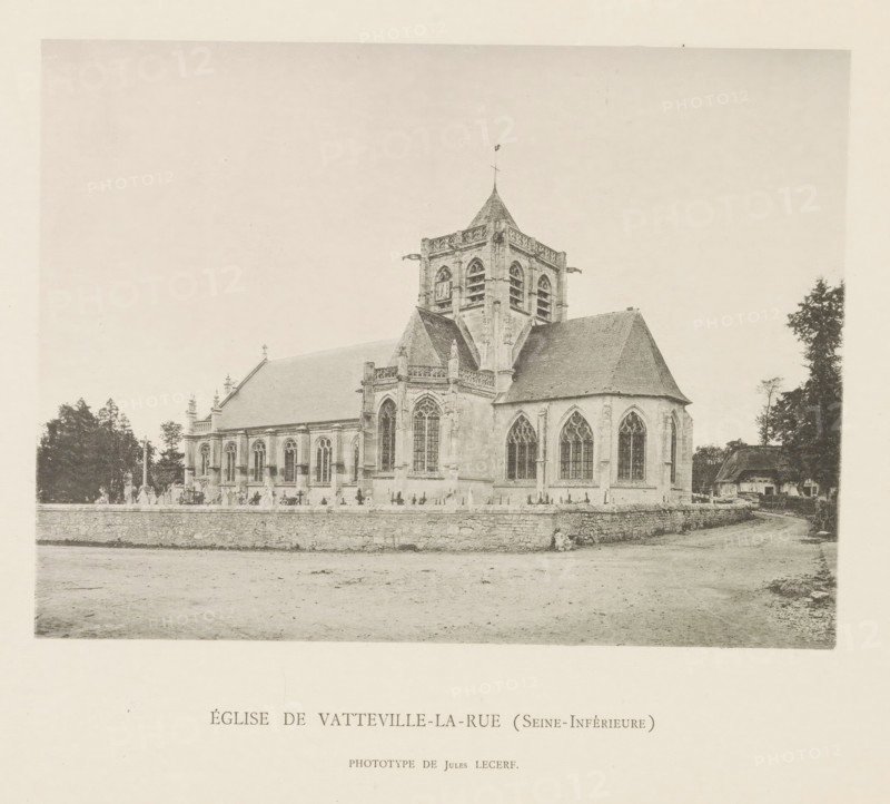 Église de Vatteville-la-Rue (Seine Inférieure), Exterior of the Église Saint-Martin in Vatteville-la-Rue, page, photomechanical print, number: 'Pl. VII.', photographer: Jean Lecerf, Vatteville-la-Rue, c. 1885 - in or before 1895, paper, collotype, photoprint, height 173 mm x width 130 mm, church (exterior), facade (of house or building), A large stone church with pointed arched windows and ornate tracery sits behind a low stone wall, showing a central tower topped with a steep roof and a small finial, flanked by pitched roofs and buttressed walls, with trees visible at the edges and a dirt foreground.