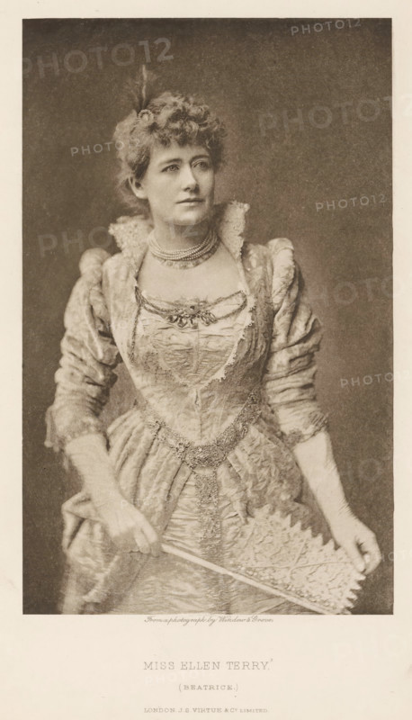 Miss Ellen Terry (Beatrice), page, photomechanical print, photographer: Window & Grove, cliché maker: anonymous, publisher: Virtue & Co., c. 1880 - in or before 1890, paper, photoaquatint, height 208 mm x width 129 mm, Person, Ellen Terry, portrait of actor, actress, A sepia-toned portrait of a woman shown from the thighs up wearing an ornate dress with puffed sleeves and a fitted bodice decorated with lace and embroidered details, a multi-strand necklace around her neck, her hair styled in soft curls with a small feather or ornament tucked at the top, she holds an open lace fan in one hand and a slender stick or handle in the other, her gaze is slightly off to the side, and a plain darker background frames her figure.