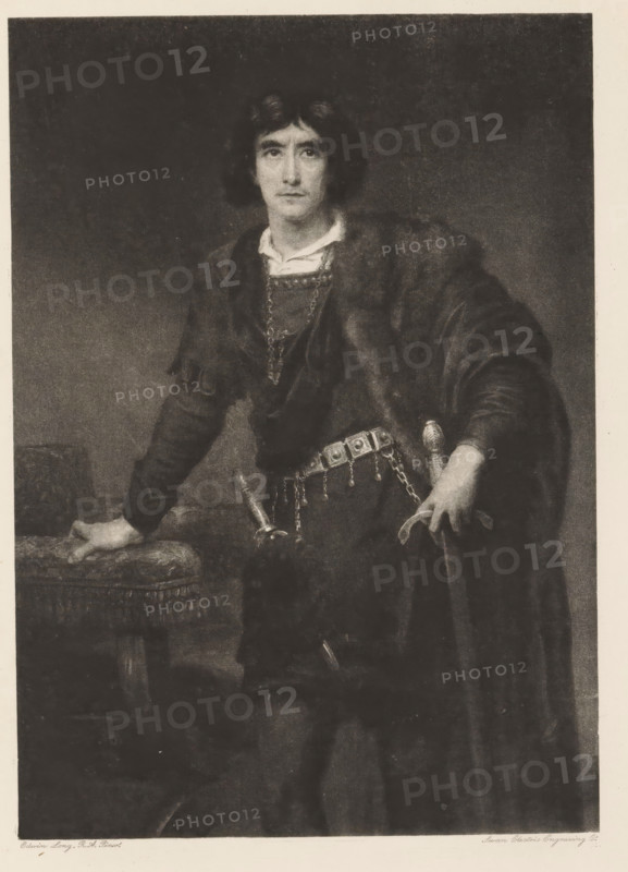 Henry Irving (Hamlet), reproduction, page, photomechanical print, photographer: Downey, William & Daniel, cliché maker: Swan Electric Engraving Co., after painting by Edwin Long, publisher: Virtue & Co., London, c. 1880 - in or before 1890, paper, photoaquatint, height 197 mm x width 140 mm, Person, portrait of actor, actress, A monochrome portrait of a person standing and facing forward, wearing a dark cloak over layered clothing with a lighter collar visible at the neck, a chain or decorative necklace draped across the chest, and a belt with ornamental square elements and hanging chains from which a sheathed dagger and another small weapon are suspended; one hand rests on an upholstered table or stool with fringe while the other grips the hilt of a sword, and the person has medium-length dark hair and a neutral facial expression against a plain, dark background.