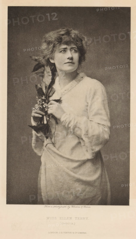 Miss Ellen Terry (Ophelia), page, photomechanical print, photographer: Window & Grove, cliché maker: anonymous, publisher: Virtue & Co., London, c. 1880 - in or before 1890, paper, photoaquatint, height 196 mm x width 121 mm, Person, Ellen Terry, portrait of actor, actress, A portrait of a woman shown from head to mid-thigh wearing a light-colored dress with long sleeves, her hair styled in loose waves, holding a sprig of leaves and small clustered flowers near her chest, looking slightly upward and to the side against a plain dark background with a light border around the image.