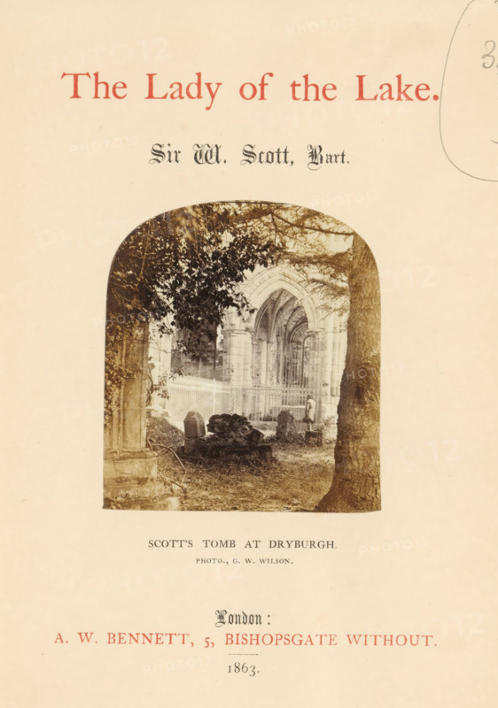 Scott's tomb at Dryburgh, Tomb of Walter Scott at Dryburgh Abbey, photograph, page, photographer: George Washington Wilson, Dryburgh Abbey, c. 1853 - in or before 1863, George Washington Wilson, photographer, paper, albumen print, height 76 mm x width 67 mm, Photo on title page., Person, Walter Scott, grave, tomb, A pale page shows a centered arched photograph of a stone church interior visible through trees, with pointed arches, pillars, a metal fence, and a gravestone or monument in front, framed by a tree trunk on the right and foliage on the left, all in sepia tones.