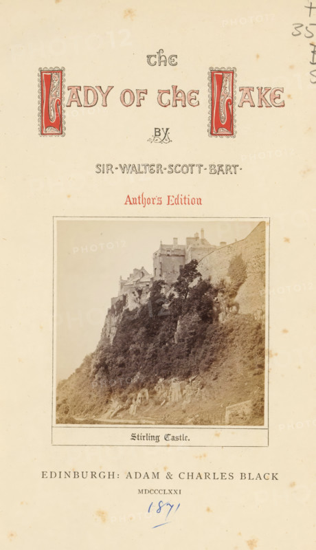 View of Stirling Castle, Stirling Castle, photograph, page, Stirling, c. 1861 - in or before 1871, photographer, paper, albumen print, height 65 mm x width 66 mm, Photo on title page., castle, A vertically oriented aged page with decorative red and black ornamental initials near the top, a framed sepia photograph of a castle perched on a rocky, tree-covered cliff occupying the central area, and a wide margin with scattered small brown spots and slight discoloration across the background.