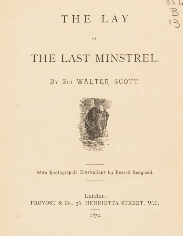 The lay of the last minstrel, book, inscription: 'Third prize for Impro..., awarded to Ada C. Slayer by the ... Wright July 1873', writer (clerical worker): Walter Scott, publisher: Provost & Co, London, 1872, writer (clerical worker), textile materials, pasteboard, paper, linen (material), printing, albumen print, woodcut, color on cut, height 201 mm x width 164 mm x thickness 18 mm, A cream-colored page with a centered vertical layout showing large dark serif lettering near the top, smaller dark serif lettering beneath, and a small engraved illustration of a seated figure holding a harp surrounded by foliage in the middle; there are decorative horizontal lines and additional dark text near the lower half of the page, with a narrow blank margin around the content and a faint handwritten mark in the top right corner.