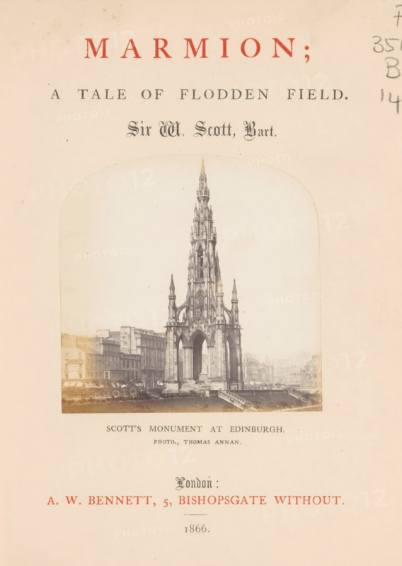 Marmion, a tale of Flodden Field, book, inscription: 'EA Dukes from M. W Arkens of Vall...burn Jan 1867.', writer (clerical worker): Walter Scott, publisher: Alfred William Bennett, London, 1866, writer (clerical worker), plant material, biological material, paper, wood (plant material), printing, albumen print, color on cut, engraving, ciselure, height 198 mm x width 160 mm x thickness 30 mm, A pale page showing a centered monochrome photograph of a tall ornate Gothic monument with pointed spires and open arches set against a cityscape of multi-story buildings, the photograph framed by a rounded top and lighter margins; above and below the photograph are areas of blank paper with printed lines of decorative text in various styles that are visible as typographic elements without specifying their content, and there are faint signs of aging such as small spots and slight discoloration on the paper.
