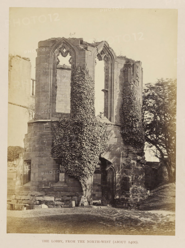 The Lobby, from the north-west (about 1400), View of the ruins of the facade of a hall of Kenilworth Castle, photograph, page, Kenilworth Castle, c. 1862 - in or before 1872, photographer, Kenilworth, paper, albumen print, height 204 mm x width 152 mm, ruin of a dwelling, house, castle, façade (of house or building), A sepia-toned photograph shows the ruins of a stone building with tall, pointed arched window openings and sections of wall missing; one wall face is heavily covered by dense climbing ivy that extends from the ground up past the window openings, leaving exposed stone blocks around the arches; a tree with foliage is visible to the right behind the ruins, and grass and a worn path lie in the foreground; the stonework shows weathering and irregular edges where parts have collapsed, and a small arched doorway is visible at the base of the structure.